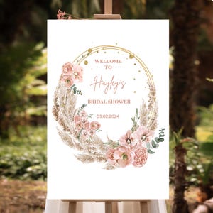 Letrero de bienvenida personalizado con diseño floral boho para despedida de soltera, cartón pluma, póster de hierba de la pampa para despedida de soltera, decoración para despedida de soltera boho