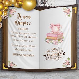 Book Theme Bridal Shower Backdrop, A New Chapter Begins Bridal Shower Decor, Storybook Theme Bridal Shower Banner Floral Teacup Photobooth