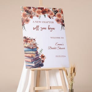 Letrero de bienvenida impreso para despedida de soltera, cartón pluma para despedida de soltera con temática de libros, póster de compromiso "Un nuevo capítulo", decoración de cuentos de compromiso
