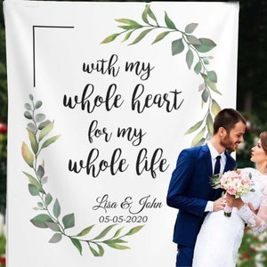 Sfondo per ricevimento di nozze, Con tutto il cuore per tutta la vita, Decorazione rustica per matrimonio, Photo booth per matrimonio, Sfondo fotografico