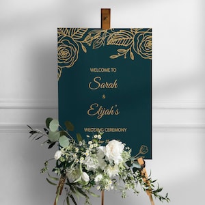 Letrero de boda verde esmeralda impreso, tablero de espuma verde dorado para entrada, póster de boda de lujo, letrero de entrada para compromiso, despedida de soltera
