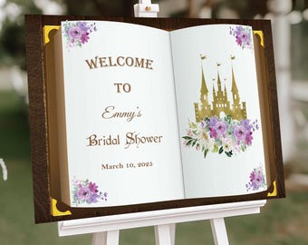 Princess Bridal Shower Sign Purple Floral Fairytale Princess Party Welcome Sign Purple Floral Foamboard Castle Book Wedding Shower Poster