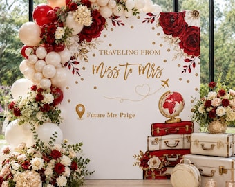 Travel Bridal Shower Backdrop: Red Floral Map, Miss to Mrs Banner