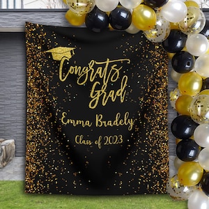 Sfondo di laurea Glitter oro nero Idee per decorazioni per feste di laurea Banner di laurea personalizzato Congratulazioni Laureati Classe del 2023 Senior