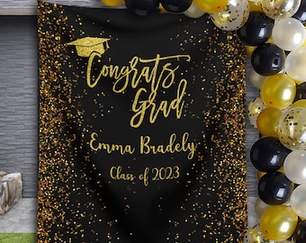 Graduation Backdrop Black Gold Glitter Graduation Party Decoration Ideas Personalized Graduation Banner Congrats Grad Class of 2023 Seniors
