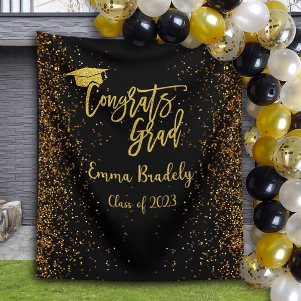 Graduation Backdrop Black Gold Glitter Graduation Party Decoration Ideas Personalized Graduation Banner Congrats Grad Class of 2023 Seniors