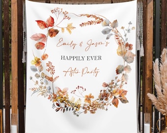 Happily Ever After Reception Backdrop Autumn Floral Fall Custom Wedding Decor Engagement Party Banner Personalized Bridal Shower Sign