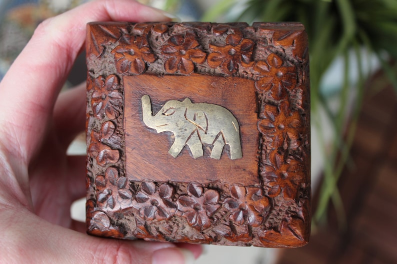 Wooden Elephant Box Small Square Box Brass Elephant engraved Square Trinket Box Hand Carved Indian Box Lined with Red Velvet