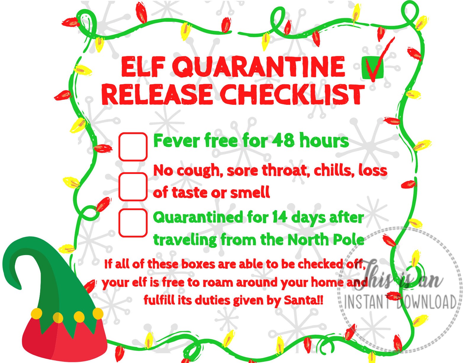 Printable Christmas Elf Quarantine Release Checklist Elf Etsy