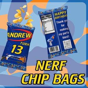 May include: Two blue chip bags with a Nerf theme. One bag says "Andrew Turns 13" and features a Nerf gun graphic. The other bag says "Happy Birthday" and "Thank you for making my party blast!" with a barcode.