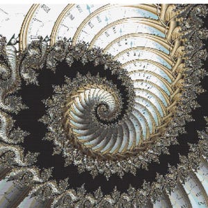 May include: Cross stitch chart titled "Fractal 4" featuring a spiral design with clock faces and a black background. The design includes intricate details in shades of silver, gold, and white. The design size is 300 x 300 stitches.