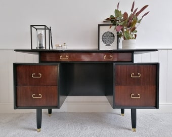 Upcycled Vintage Dressing Table Desk - G Plan painted in black, gold and Walnut