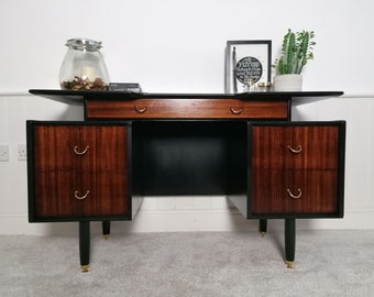 Upcycled Painted Dressing Table Desk - G Plan in black, gold and Walnut