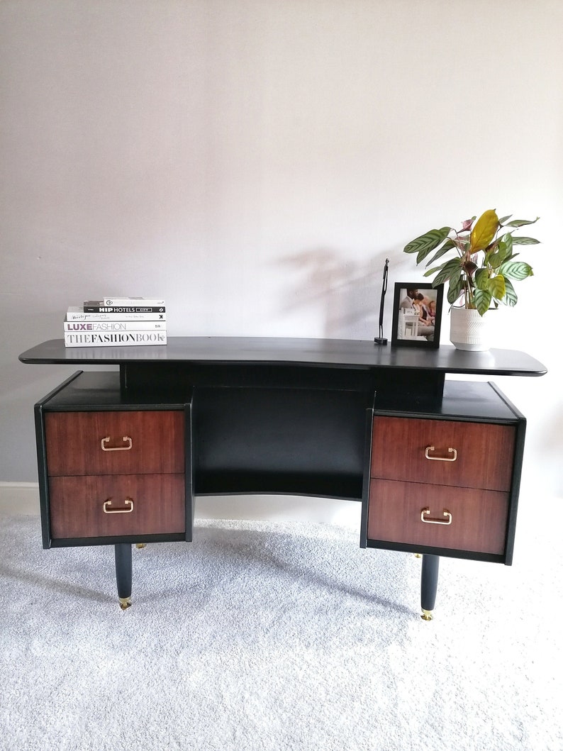 Dressing table Mid Century upcycled painted vintage desk for new home black and gold Furniture for bedroom office image 2