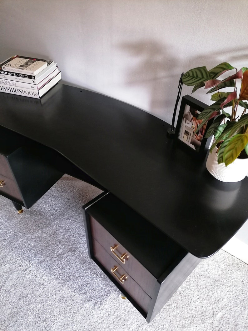 Dressing table Mid Century upcycled painted vintage desk for new home black and gold Furniture for bedroom office image 4