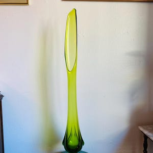 Vintage Viking Glass Swung Vase – 35” Tall – Epic Line – Three Foil Footed Base – Avocado Green – MCM Art Glass Statement Piece
