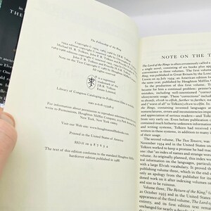 May include: Open book with text from "The Fellowship of the Ring" by J.R.R. Tolkien. The page shows copyright information and a note on the text. The book is printed in the United States of America.
