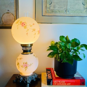 Vintage Hurricane Lamp | Floral Glass Table Lamp | Hand Painted Lamp | Dual Light Lamp | Cottagecore Decor | Shabby Chic Lighting