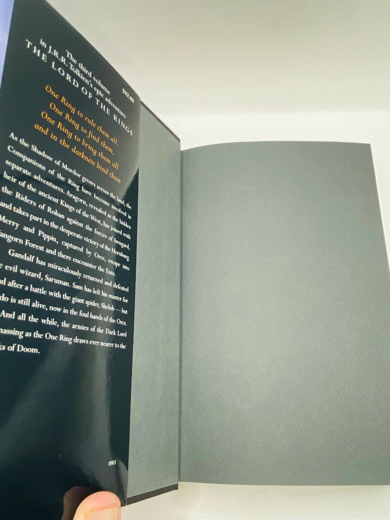 May include: An open book with the title "THE LORD OF THE RINGS" visible on the left page. The text includes the phrase "One Ring to rule them all." The book's pages are gray.