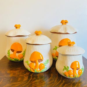 Vintage Arnels Mushroom Jars: 1970s Ceramic Kitchen Canisters