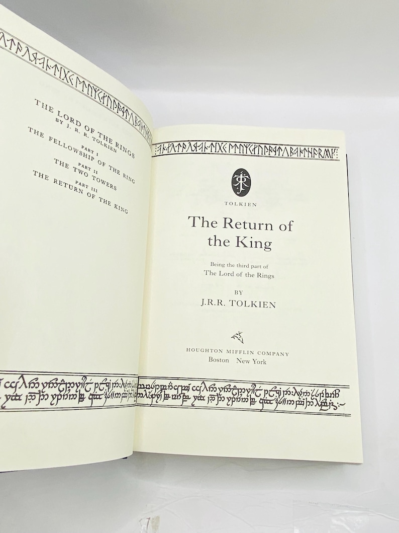 May include: Open book with the title "The Return of the King" by J.R.R. Tolkien. The book is part of "The Lord of the Rings" trilogy. The book's pages are cream-colored with black text and decorative borders.