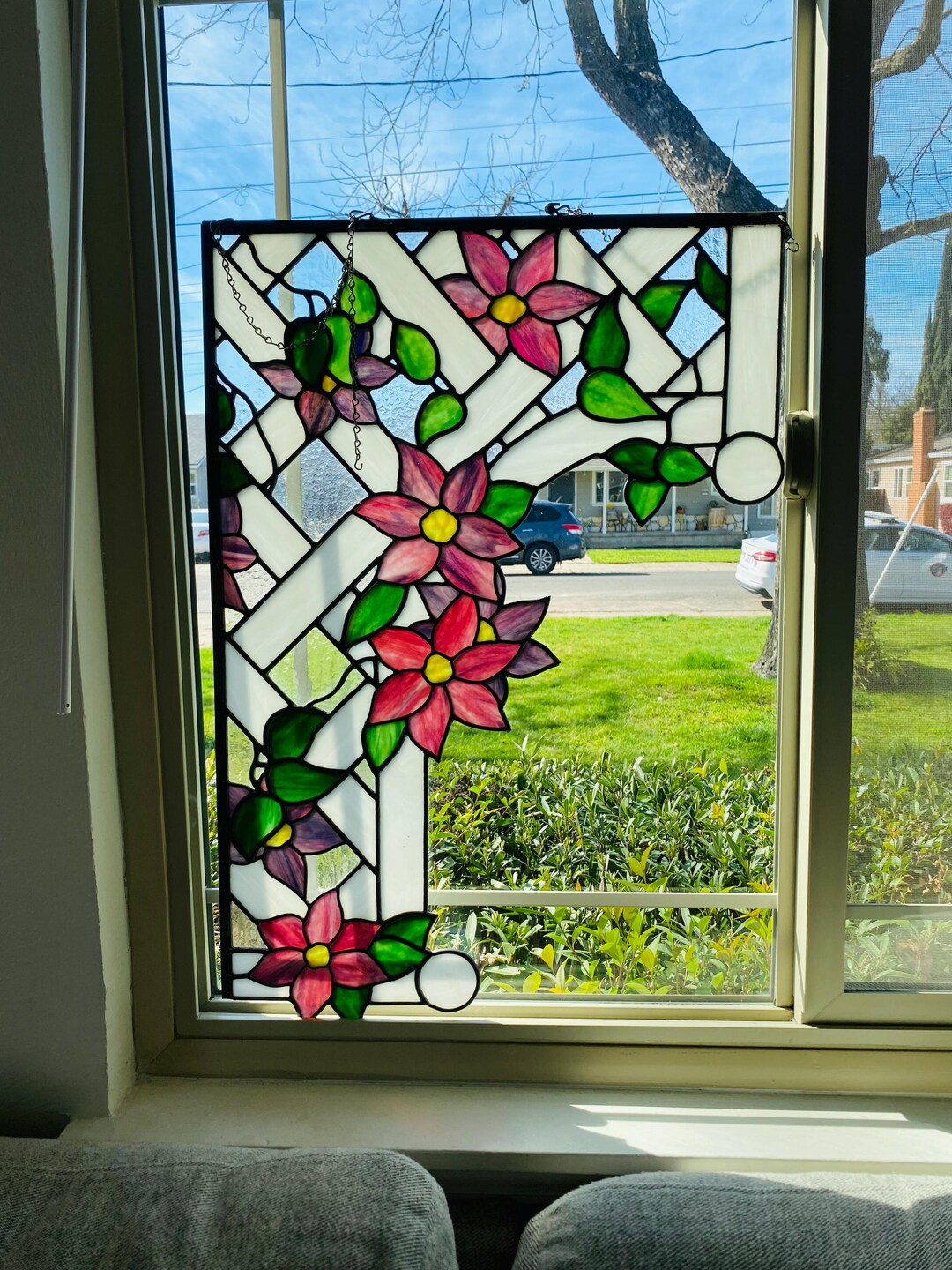 Window Flower Glass Large Floral Stained Glass Window Panel – 2’ X 3’ – Handmade Pink ...