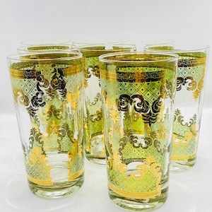 Vintage Georges Briard Highball Glasses - Green & Gold Scroll - MCM Barware Set of 8
