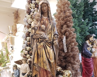 Vintage Rustic Resin Virgin Mary With Baby Jesus Statue Figurine Sculpture On Platform 51"