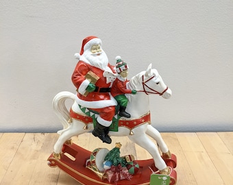 Holiday Christmas TableTop DeskTop Resin Santa And Kid On Rocking Horse Home Shelf Decor 14"