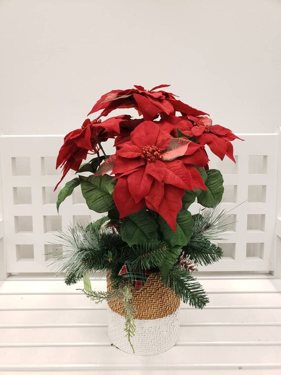 Christmas Holiday Home Decor Artificial Faux Potted Resin Poinsettia  Pinecone Ornament Arrangement - Etsy