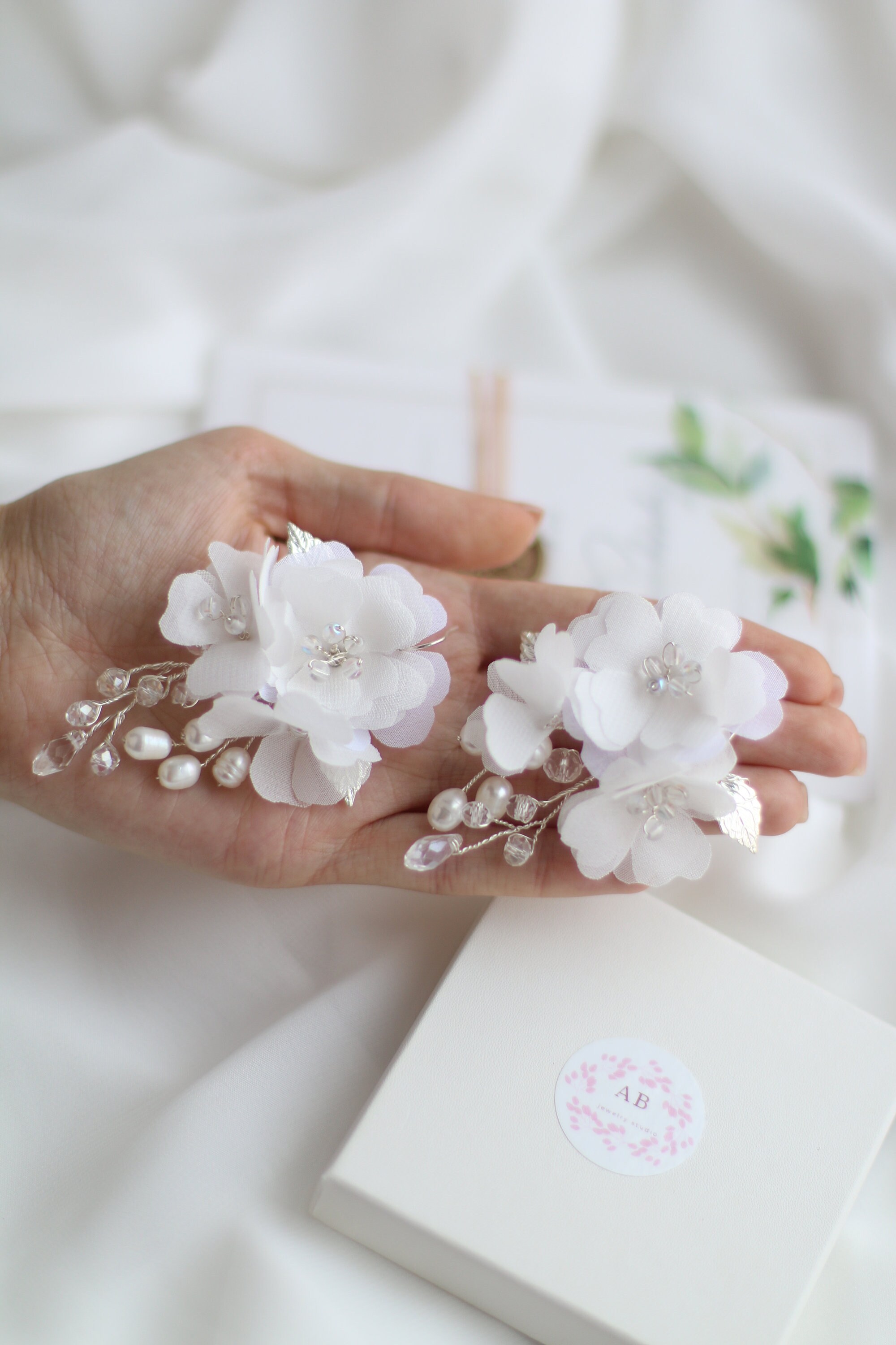 Silk flower earrings 3d flower earrings Fabric earrings White Etsy