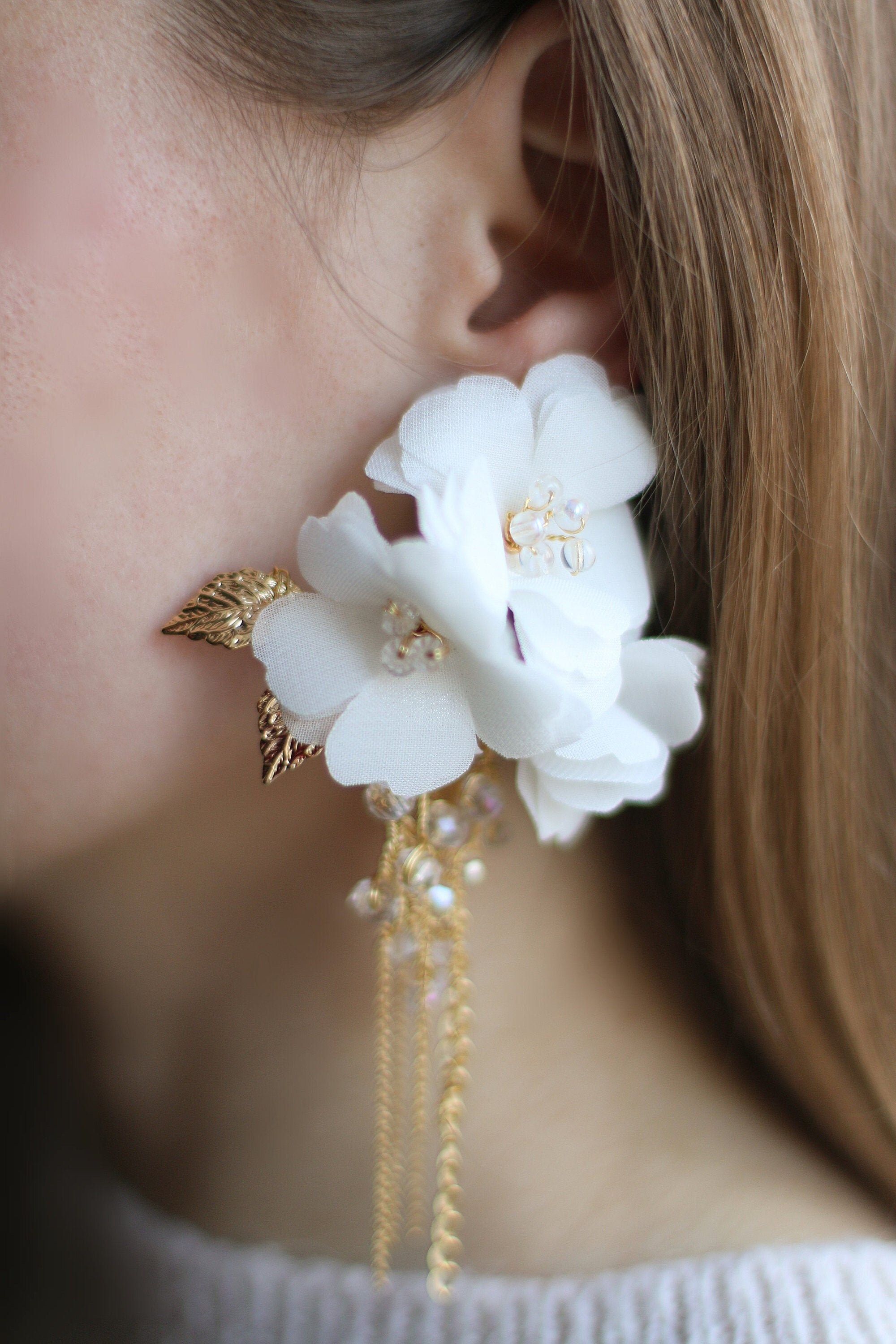 Bridal Earring Chain Silk Floral Earrings Statement Earring - Etsy