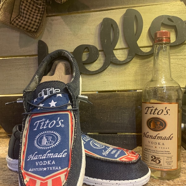 Custom Tito’s Hey Dude shoes - Upcycled Tito’s Vodka 25th Anniversary Bags