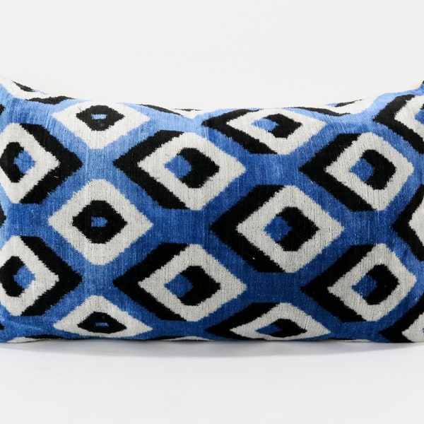 Blue and Black velvet ikat pillow, Ikat cushion, Accent decorative pillow, Home decor pillow, Throw pillow, pillow covers, Silk ikat pillow