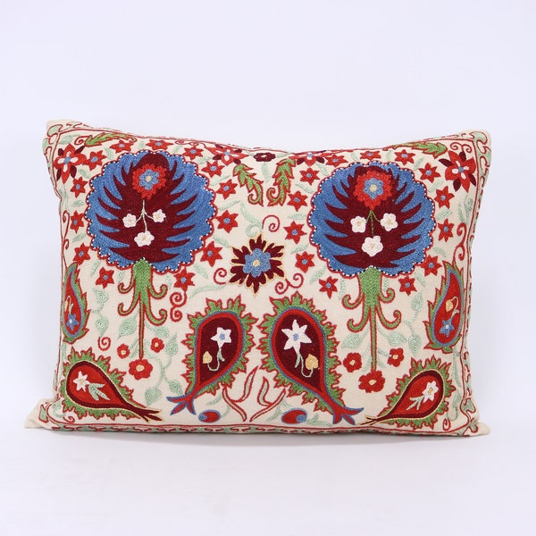 Boho Lumbar Suzani Pillow Uzbek Silk Embroidery, Suzani Throw Pillow, Suzani Cushion Cover, Suzani Pillow Cover,Decorotive pillow, Best Sale