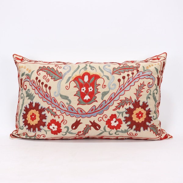 Lumbar Suzani Boho Pillow Uzbek Silk Embroidery, Suzani Throw Pillow, Suzani Cushion Cover, Suzani Pillow Cover,Decorotive pillow, Best Sale