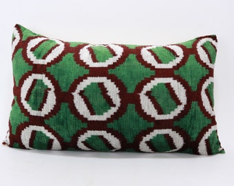 Green velvet ikat pillow, Ikat cushion, Accent decorative pillow, Velevt accent pillows, Throw pillow, Pillow covers, Home decor pillow