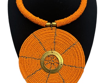 Authentic African Light Orange Beaded Large Disc Pendant Necklace