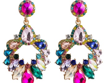 Luxury Classic Style Multicolour Rhinestones Crystal Teardrop Statement Earrings