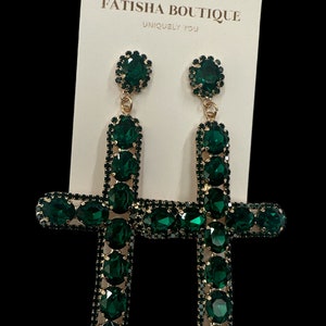 Gorgeous Rhinestone Diamante Cross Design Statement Earrings Green