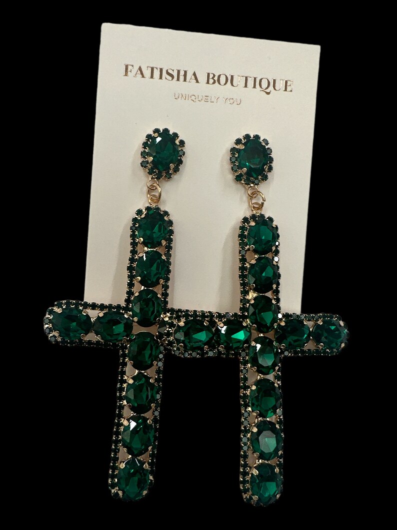 Gorgeous Rhinestone Diamante Cross Design Statement Earrings Green