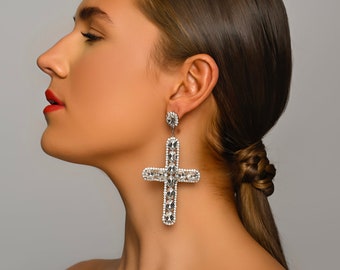 Gorgeous Rhinestone Diamante Cross Design Statement Earrings