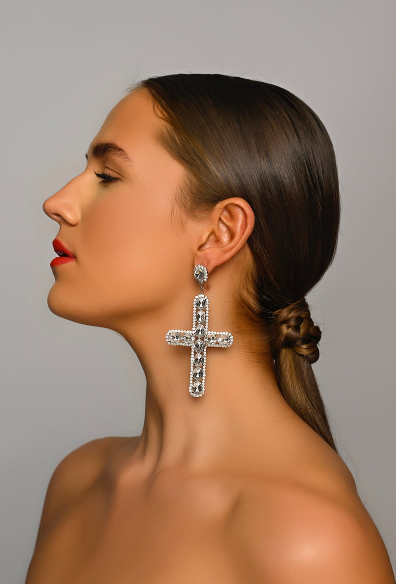 Gorgeous Rhinestone Diamante Cross Design Statement Earrings image 1