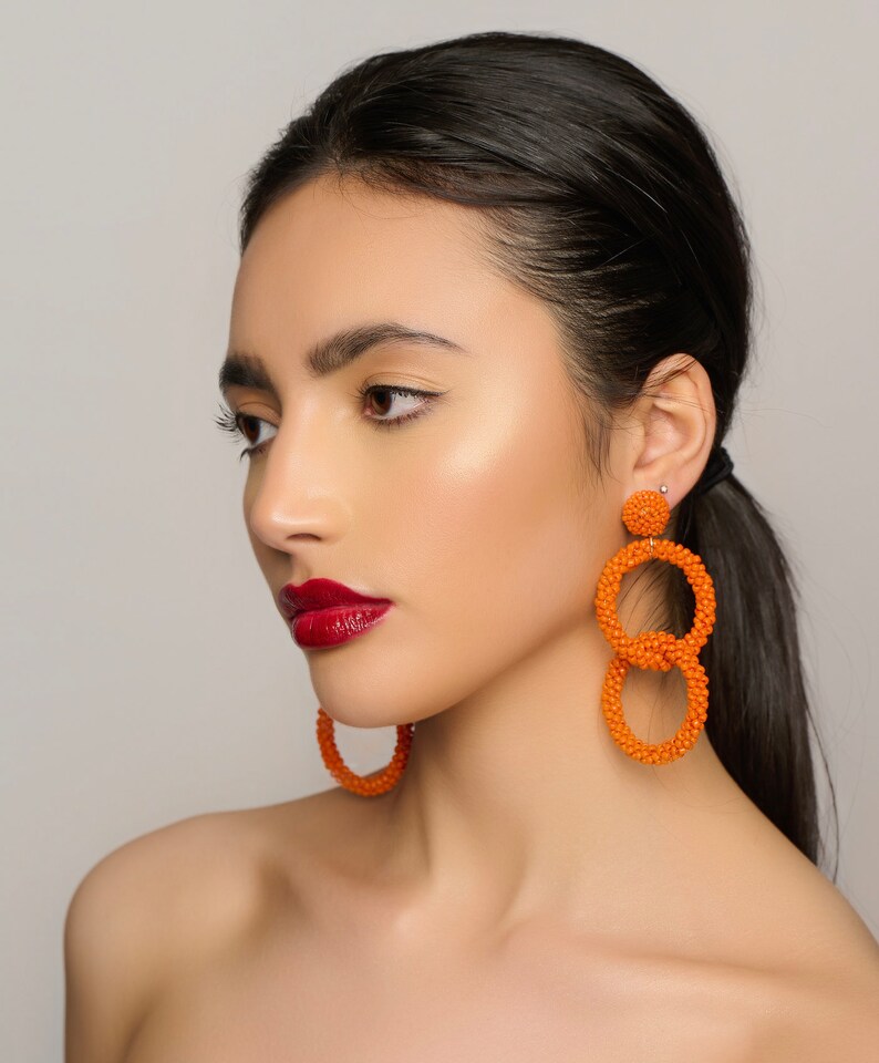 Bohemian Orange Beaded Dangle Earrings image 2