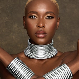 Ndebele Collar Choker Necklace and Two Cuffs Set Silver