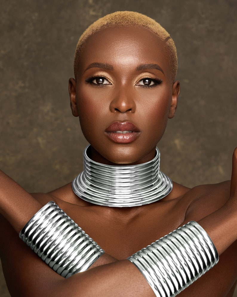 Ndebele Collar Choker Necklace and Two Cuffs Set Silver