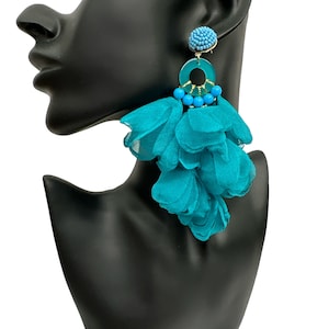 Big Bohemian Long-Fringed Flower Tassel Stud Dangle Earrings Turquoise