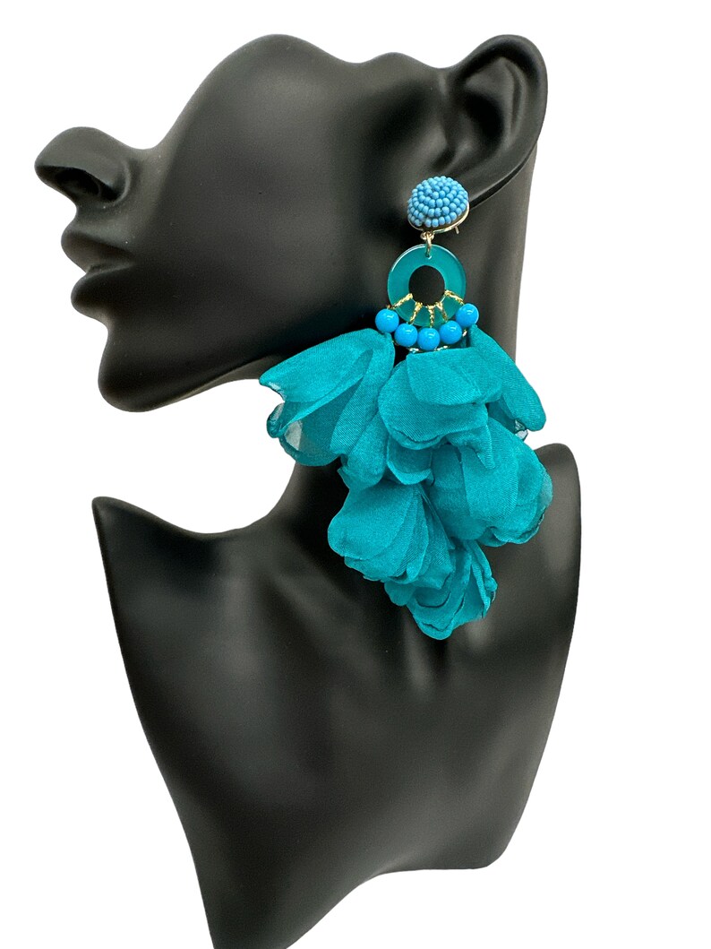 Big Bohemian Long-Fringed Flower Tassel Stud Dangle Earrings Turquoise