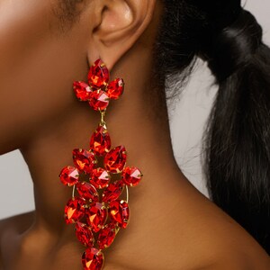 Long Elegant Glamorous Red Rhinestone Stud Earrings image 9