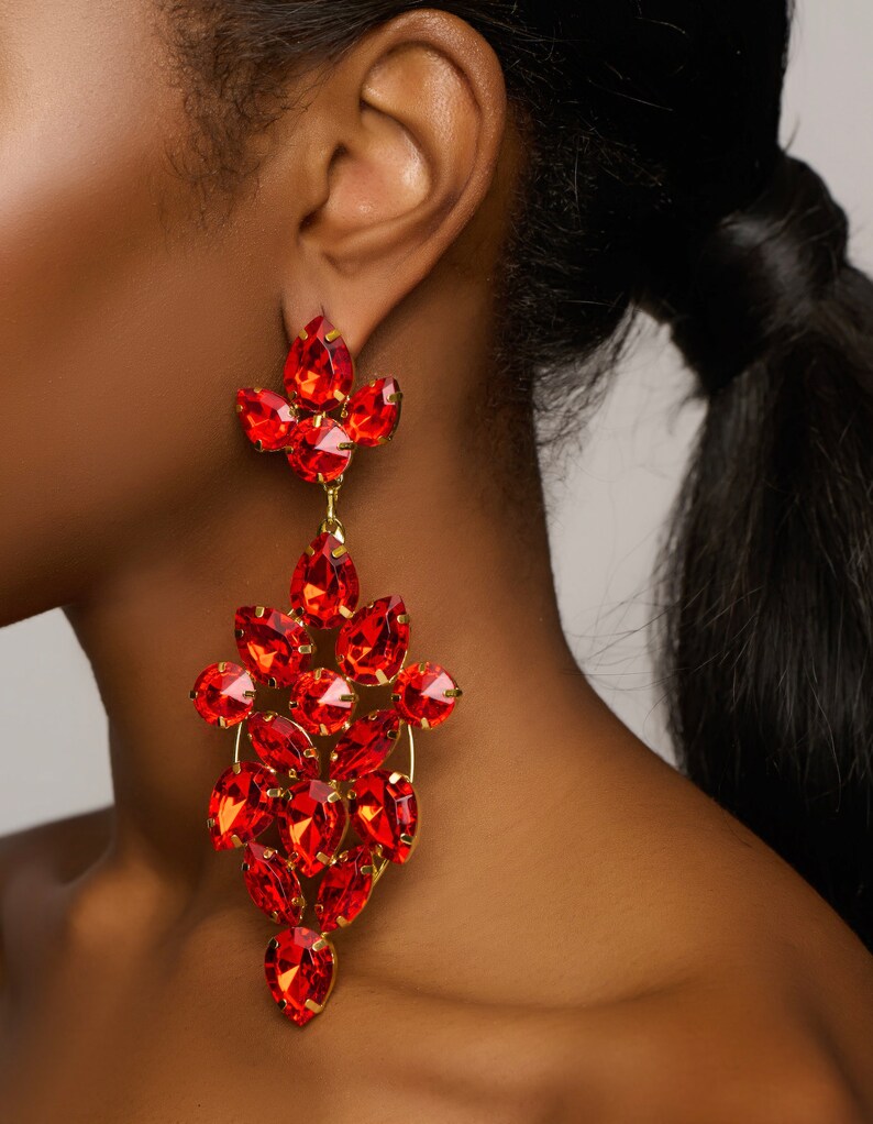 Long Elegant Glamorous Red Rhinestone Stud Earrings image 9